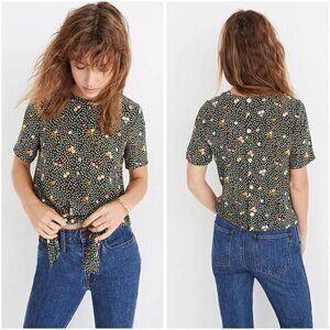 Madewell 100% Silk Button-Back Tie Tee in Dropleaf Floral in Forest Green Size S